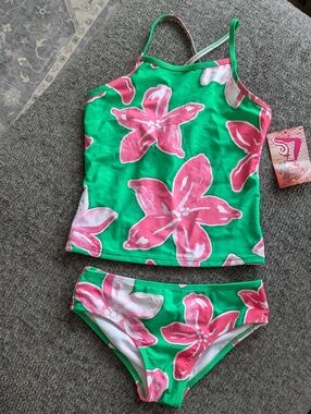 Kanusurf Girls' Floral Tankini Swim Set - Green & Pink